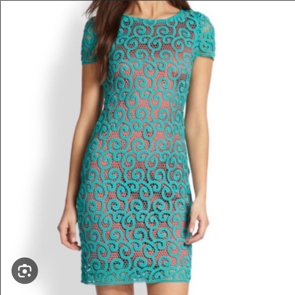 Elegant Teal Lace Dress with red slip underdress